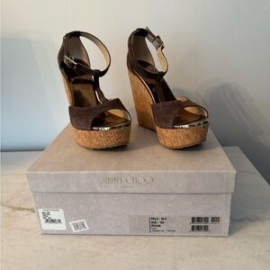 Jimmy Choo Pela..Brown(pecan) suede t-strap wedge…size 36.5
